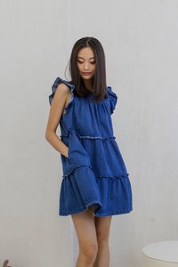 Ryle Tiered Ruffle Sleeve Denim Dress in Dark Wash
