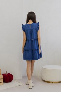 Ryle Tiered Ruffle Sleeve Denim Dress in Dark Wash