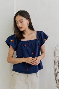 Mindy Embroidery Square Neck Top In Navy (XS)