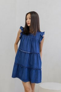 Ryle Tiered Ruffle Sleeve Denim Dress in Dark Wash