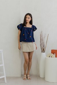 Mindy Embroidery Square Neck Top In Navy (XS)