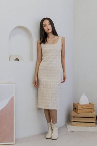Juniper Tweed Shift Midi Dress in Cream (S)