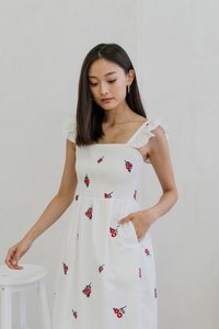 Mindy Smocked Ruffle Embroidery Maxi Dress In White