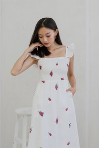 Mindy Smocked Ruffle Embroidery Maxi Dress In White