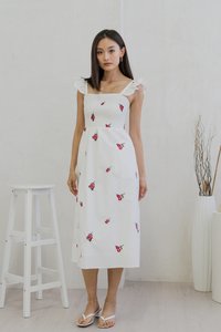Mindy Smocked Ruffle Embroidery Maxi Dress In White