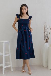 Mindy Smocked Ruffle Embroidery Maxi Dress In Navy (XS)