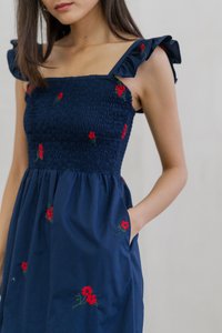 Mindy Smocked Ruffle Embroidery Maxi Dress In Navy (XS)