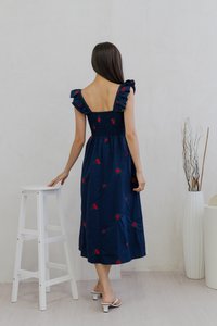 Mindy Smocked Ruffle Embroidery Maxi Dress In Navy (XS)