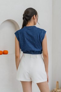 Nala Front Zip Denim Crop Top in Dark Wash (XL)