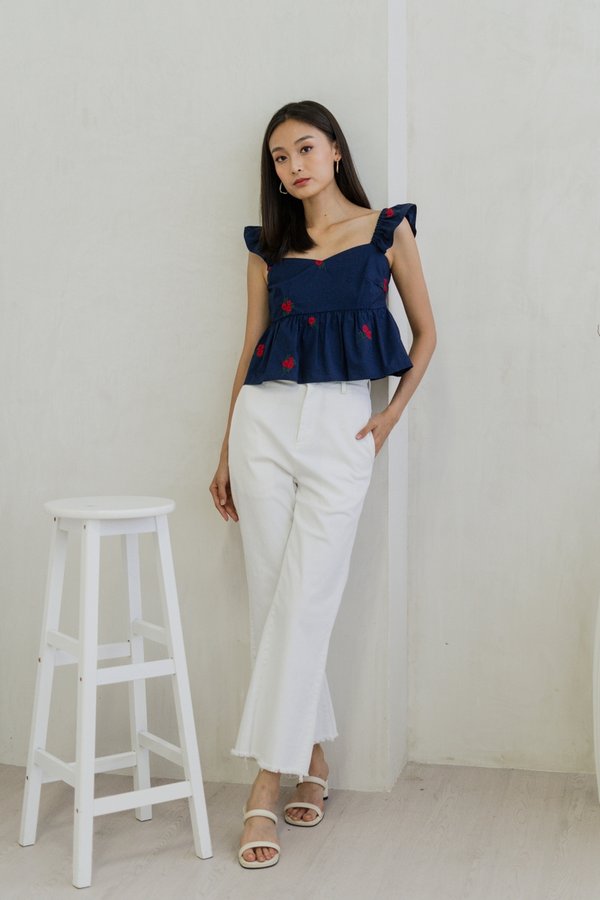 Mindy Ruffle Embroidery Babydoll Top In Navy