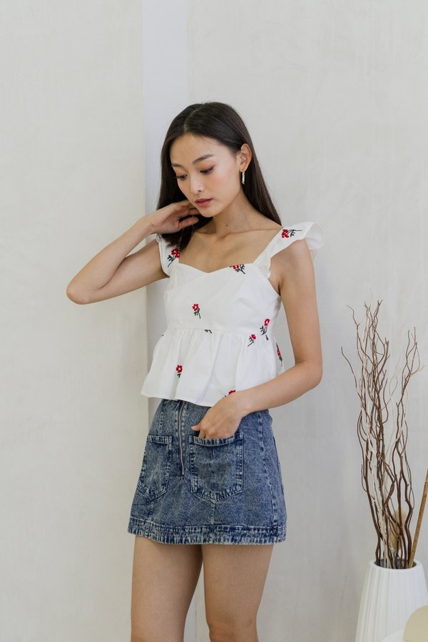 Mindy Ruffle Embroidery Babydoll Top In White