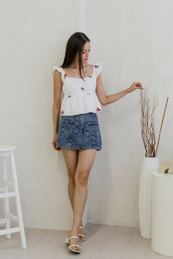 Mindy Ruffle Embroidery Babydoll Top In White