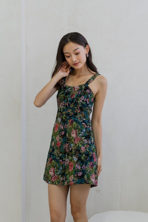 Araia Textured Floral Mini Dress in Forest