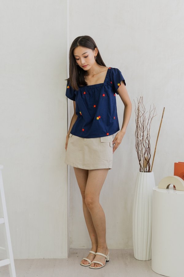 Mindy Embroidery Square Neck Top In Navy (XS)