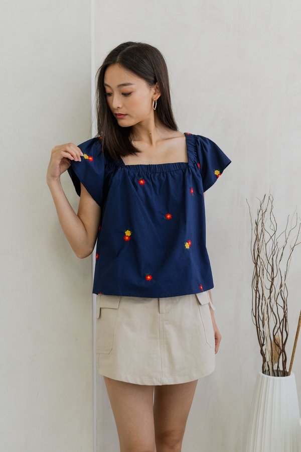 Mindy Embroidery Square Neck Top In Navy (XS)