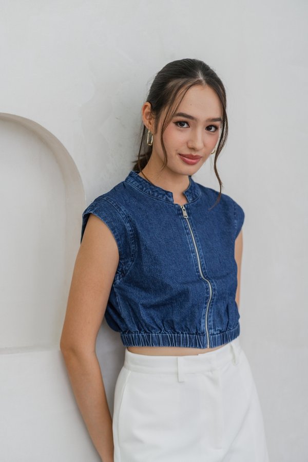 Nala Front Zip Denim Crop Top in Dark Wash (XL)