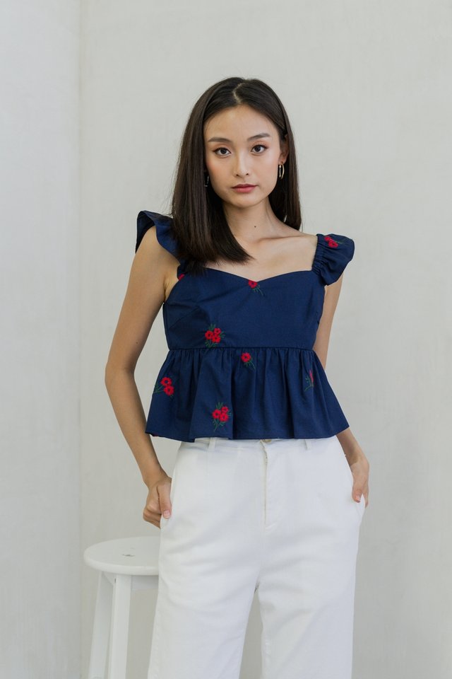 Mindy Ruffle Embroidery Babydoll Top In Navy