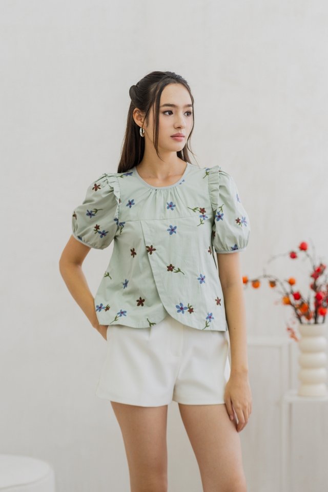 Muriel Embroidery Overlapped Top in Sage