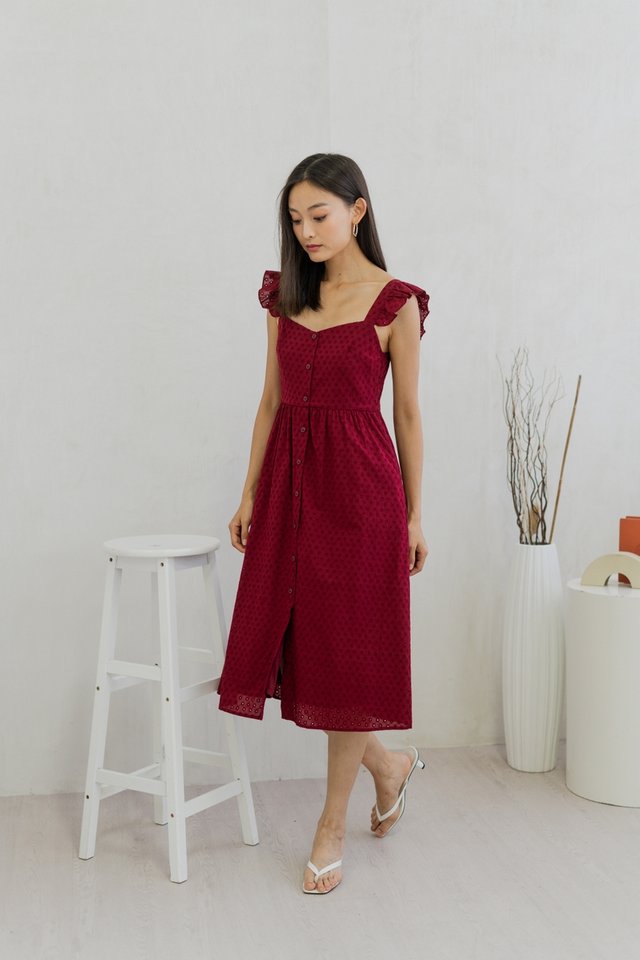 Nabilah Floral Eyelet Button Maxi Dress In Wine