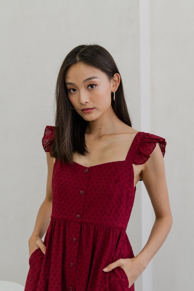 Nabilah Floral Eyelet Button Maxi Dress In Wine