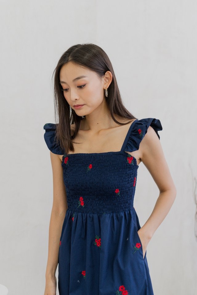 Mindy Smocked Ruffle Embroidery Maxi Dress In Navy