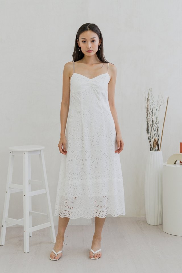 Miya Eyelet Ruched Camisole Maxi Dress In White