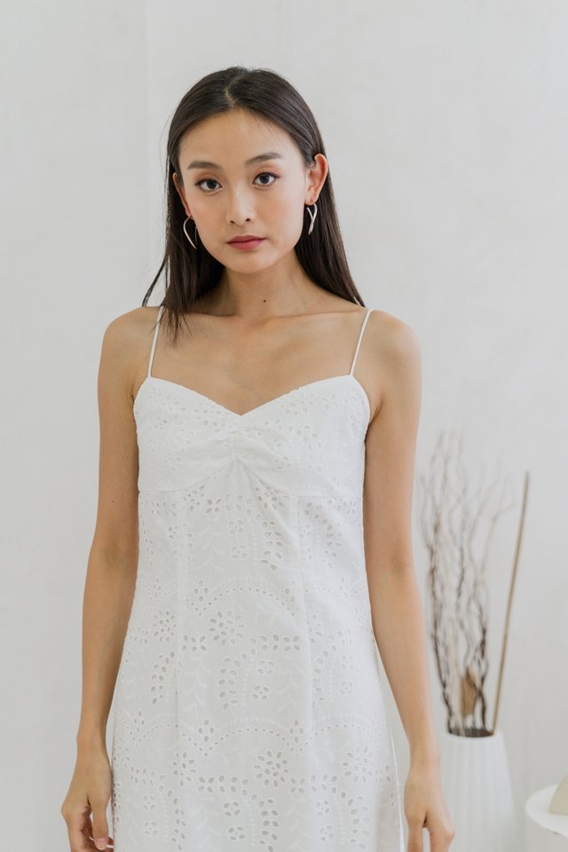 Miya Eyelet Ruched Camisole Maxi Dress In White