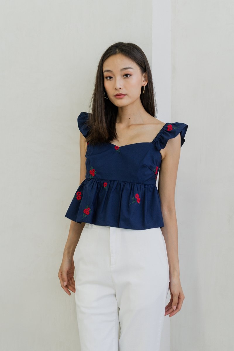 Mindy Ruffle Embroidery Babydoll Top In Navy