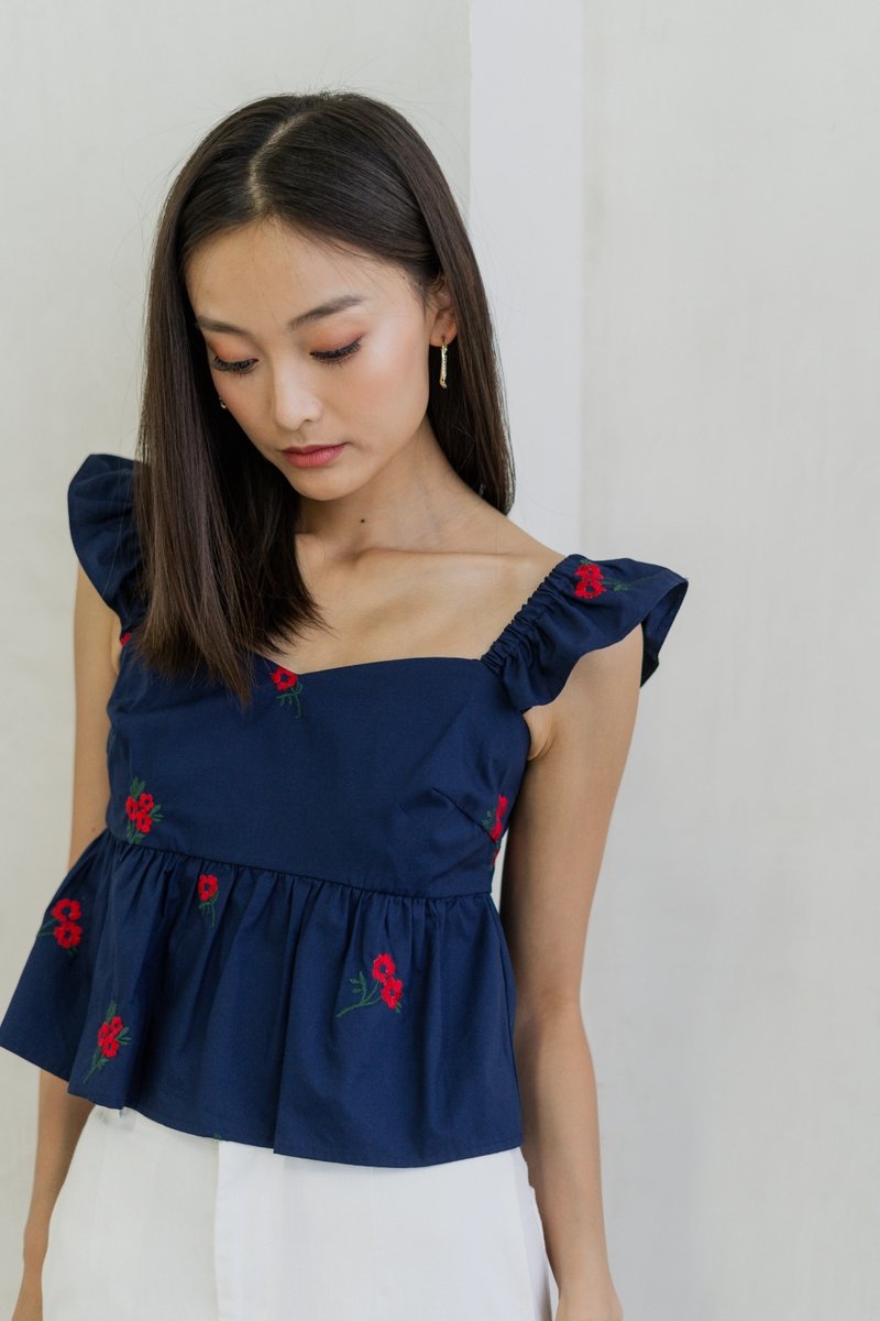 Mindy Ruffle Embroidery Babydoll Top In Navy