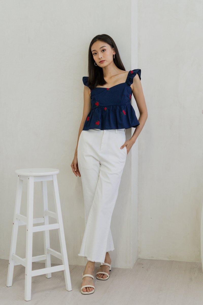 Mindy Ruffle Embroidery Babydoll Top In Navy