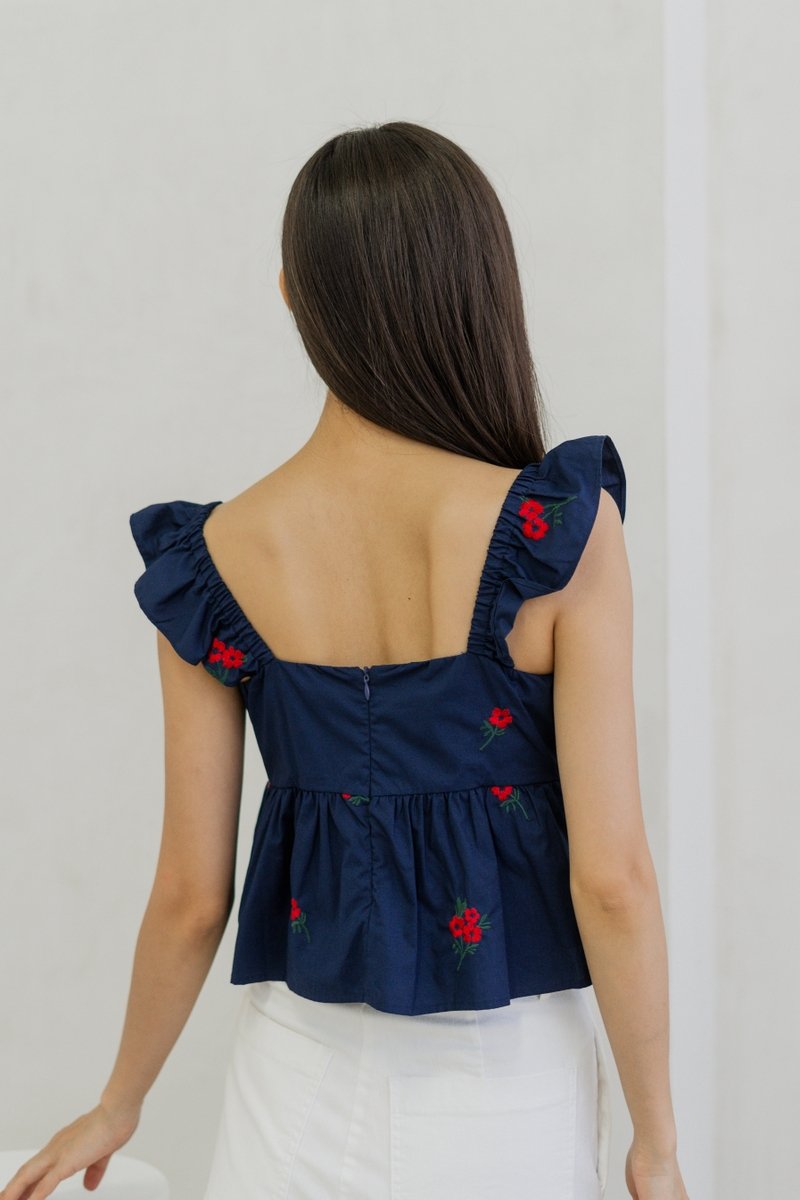 Mindy Ruffle Embroidery Babydoll Top In Navy