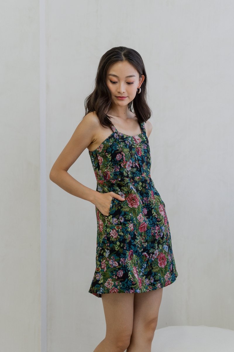 Araia Textured Floral Mini Dress in Forest