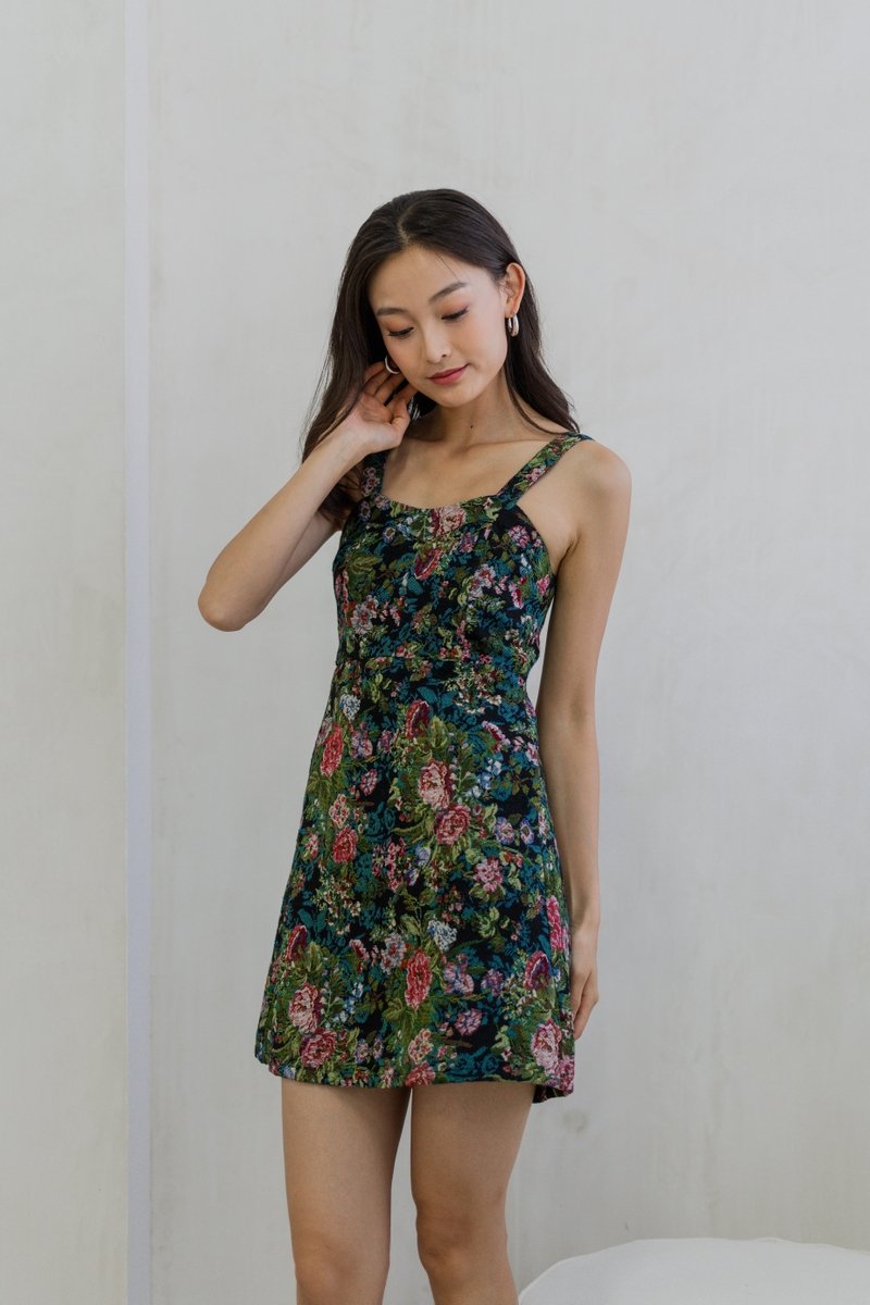 Araia Textured Floral Mini Dress in Forest