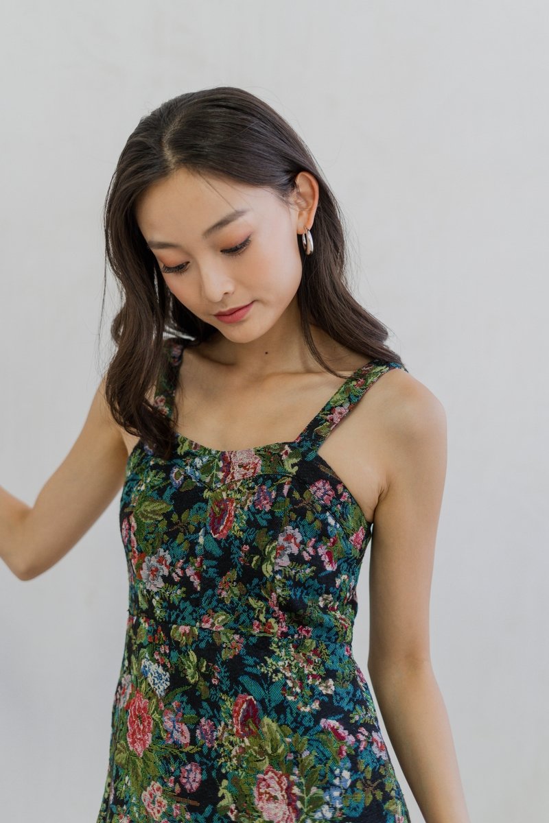 Araia Textured Floral Mini Dress in Forest