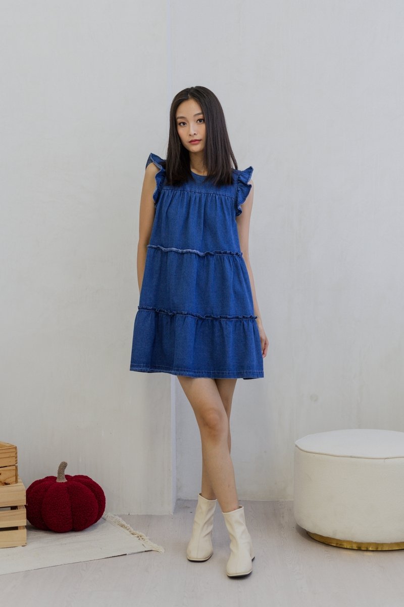 Ryle Tiered Ruffle Sleeve Denim Dress in Dark Wash