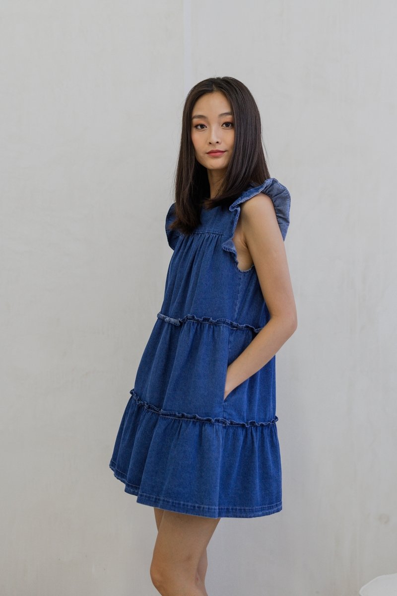 Ryle Tiered Ruffle Sleeve Denim Dress in Dark Wash