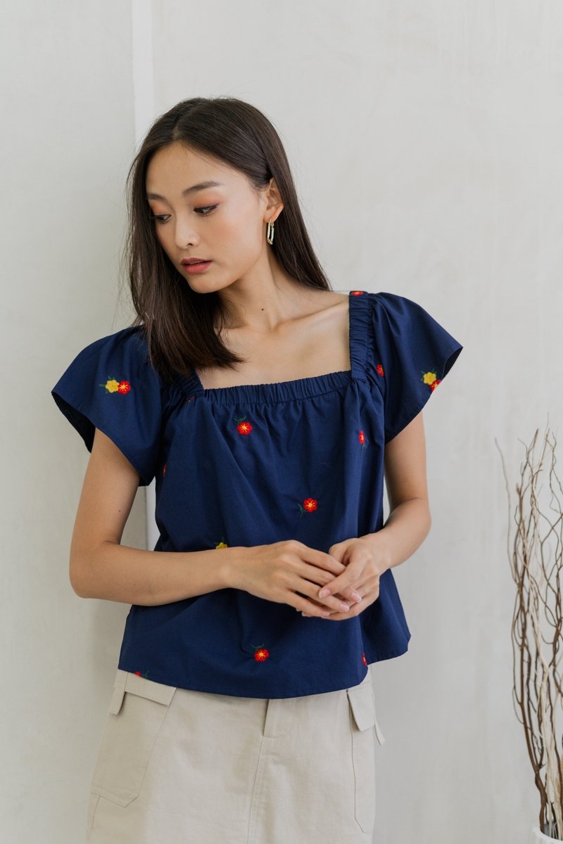 Mindy Embroidery Square Neck Top In Navy (XS)