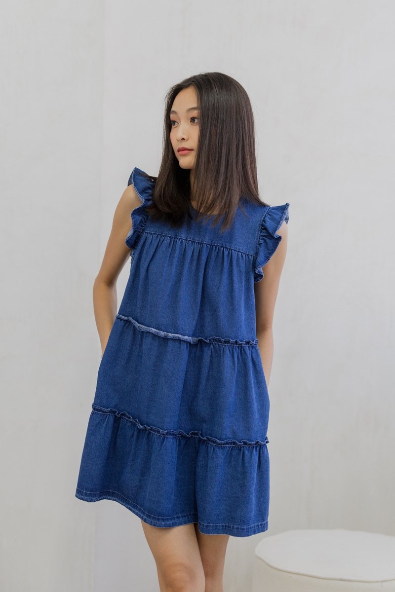 Ryle Tiered Ruffle Sleeve Denim Dress in Dark Wash