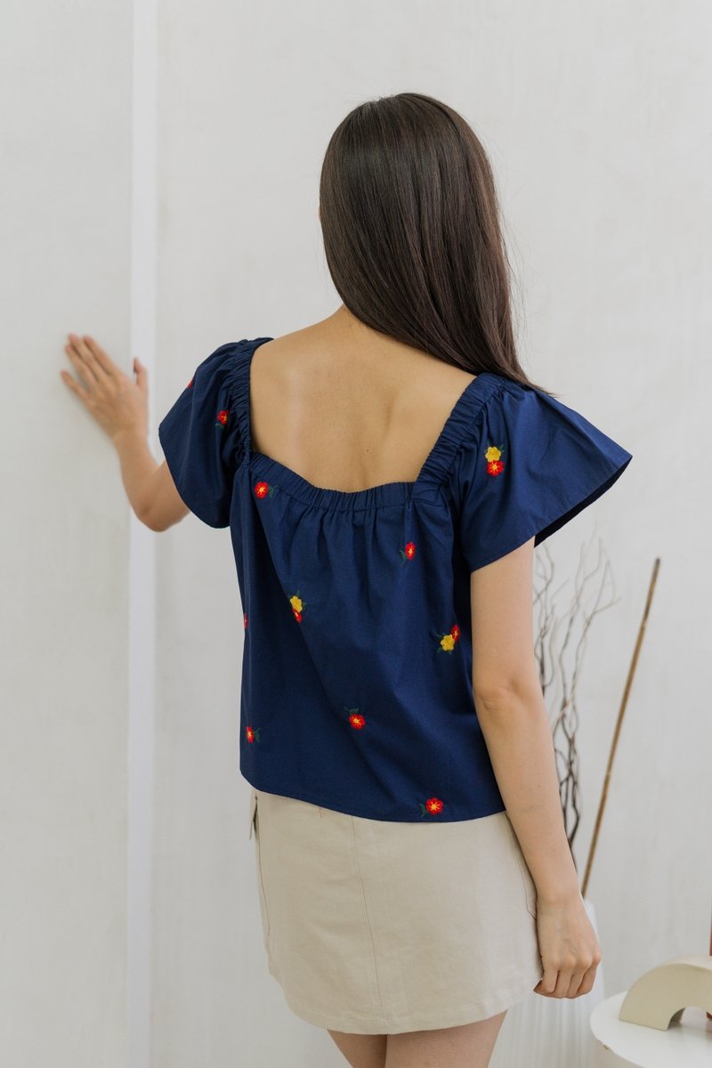 Mindy Embroidery Square Neck Top In Navy (XS)