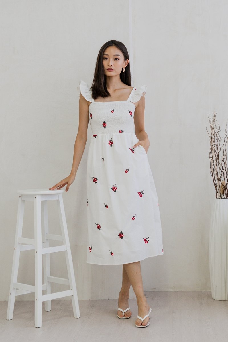 Mindy Smocked Ruffle Embroidery Maxi Dress In White