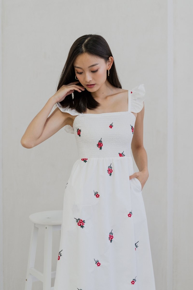 Mindy Smocked Ruffle Embroidery Maxi Dress In White