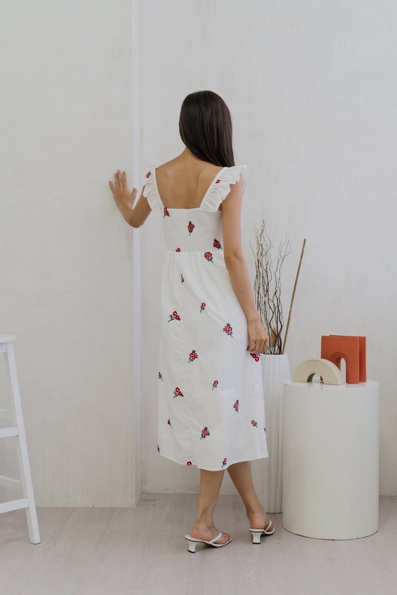 Mindy Smocked Ruffle Embroidery Maxi Dress In White