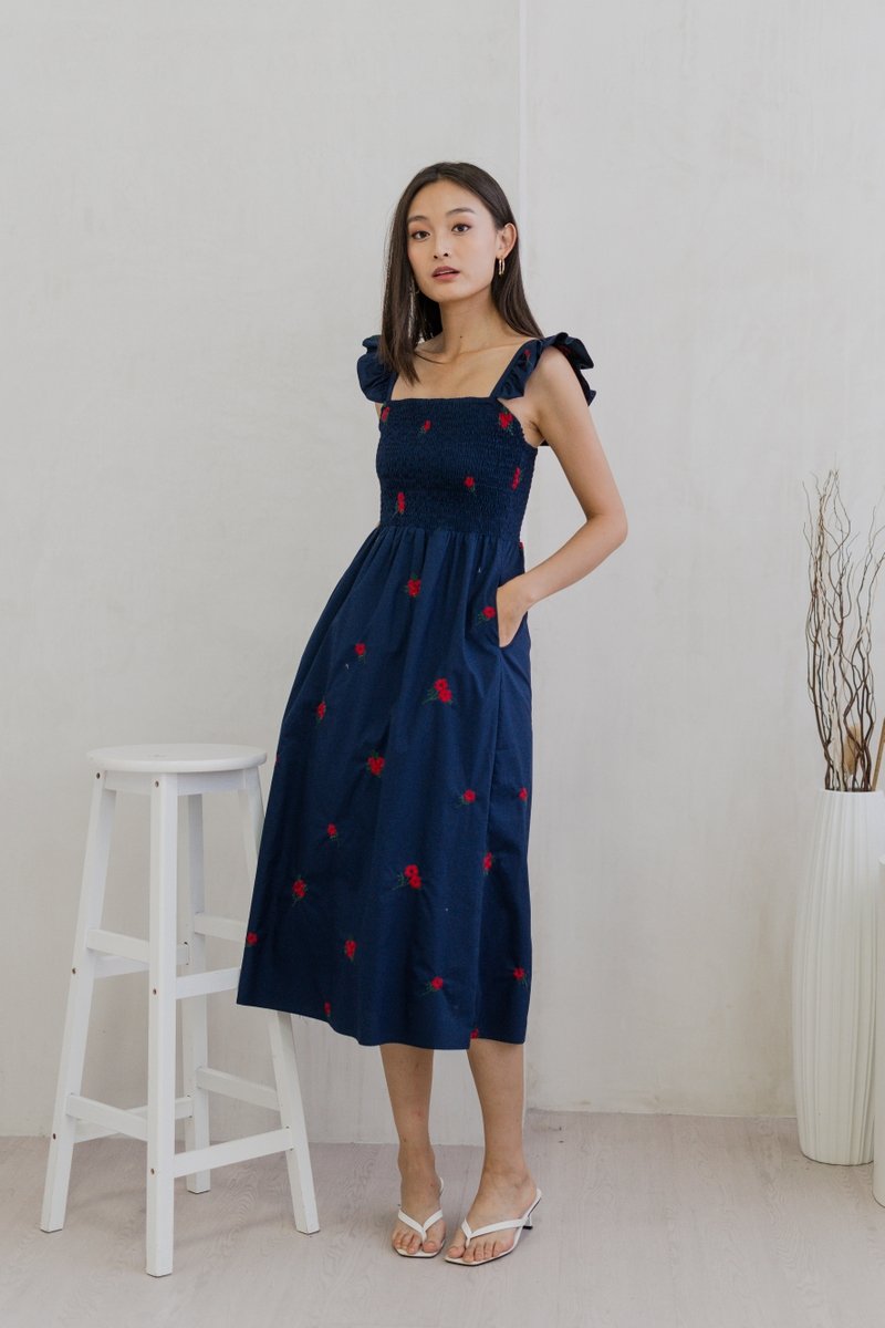 Mindy Smocked Ruffle Embroidery Maxi Dress In Navy (XS)
