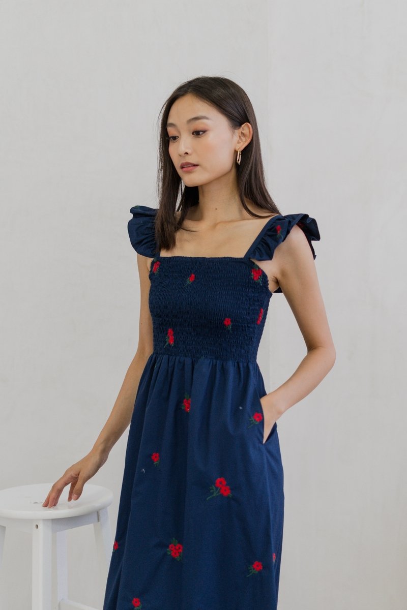 Mindy Smocked Ruffle Embroidery Maxi Dress In Navy (XS)