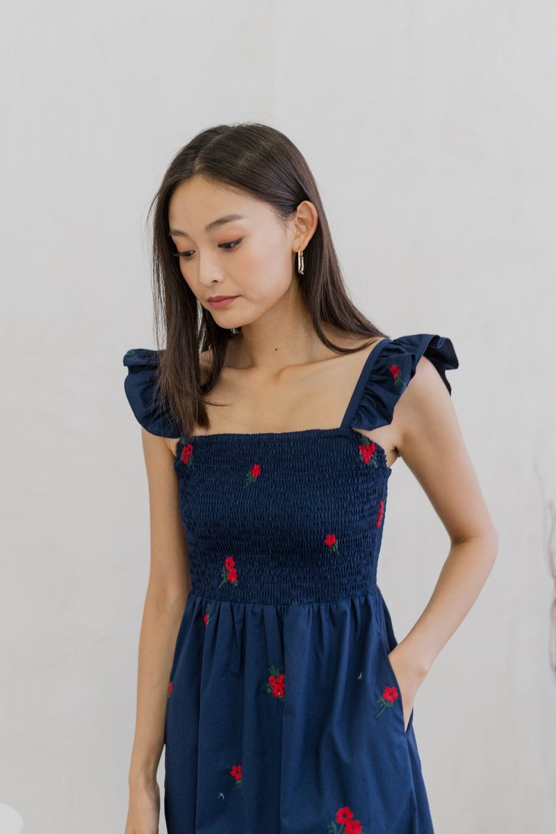 Mindy Smocked Ruffle Embroidery Maxi Dress In Navy (XS)