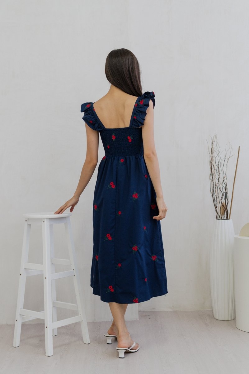 Mindy Smocked Ruffle Embroidery Maxi Dress In Navy (XS)