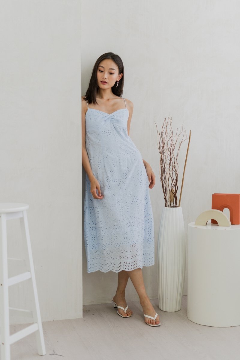 Miya Eyelet Ruched Camisole Maxi Dress In Powder Blue (XS)