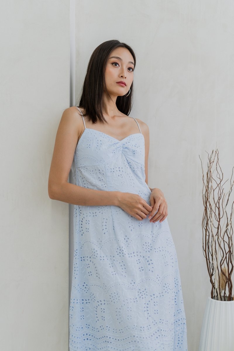 Miya Eyelet Ruched Camisole Maxi Dress In Powder Blue (XS)