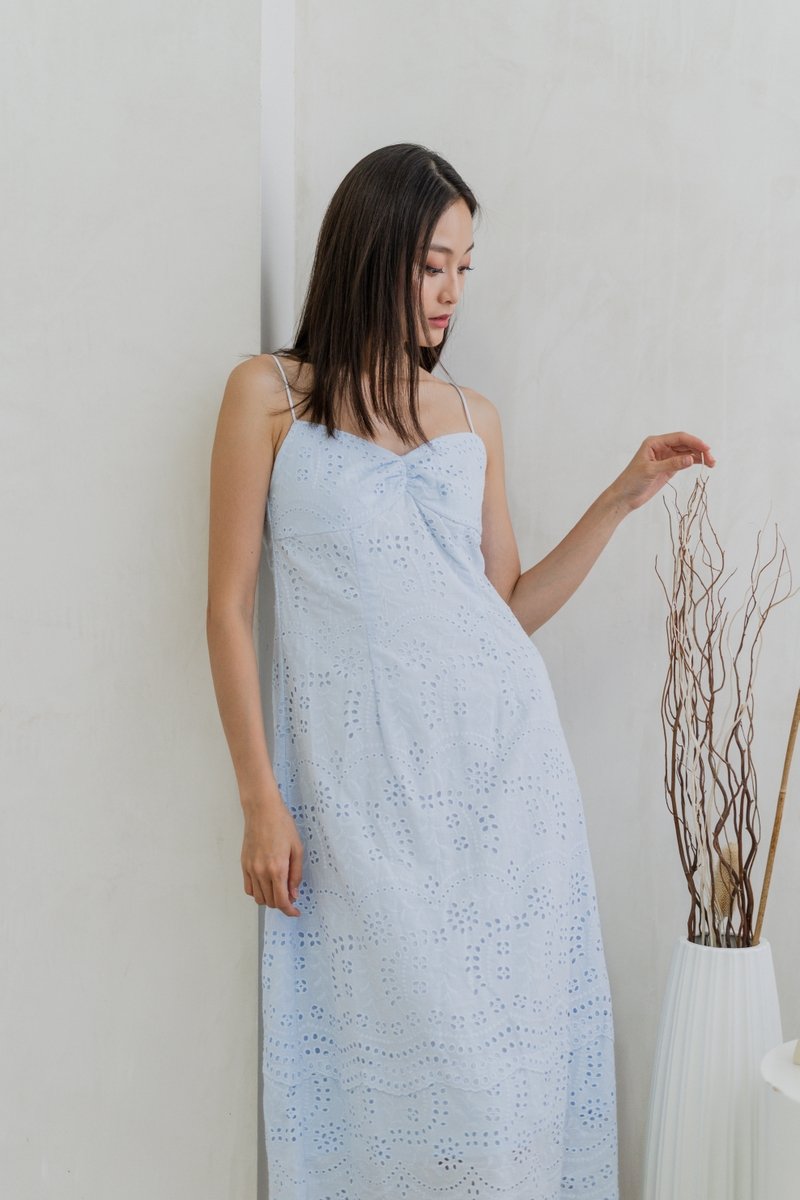 Miya Eyelet Ruched Camisole Maxi Dress In Powder Blue (XS)