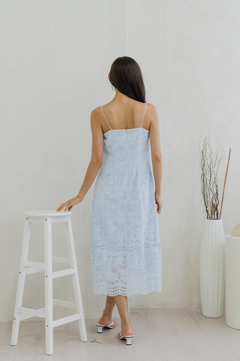 Miya Eyelet Ruched Camisole Maxi Dress In Powder Blue (XS)